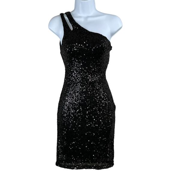 Teeze Me Black Sequins One Shoulder Cutout Mini Sheath Dress XS Junior 1/2 NWT - Picture 2 of 13